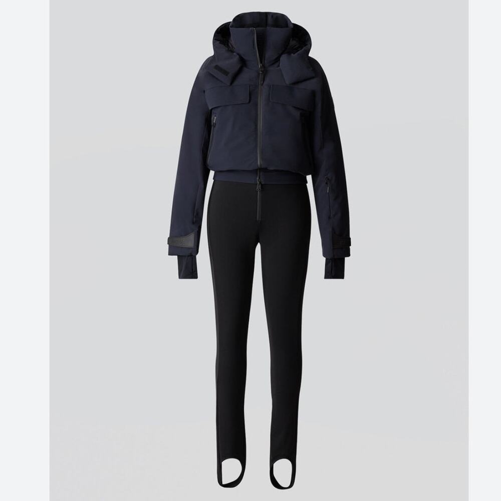 NWT Mackage Lumi Navy Blue & Black Hooded Down Fill Stirrup Leg Ski Suit